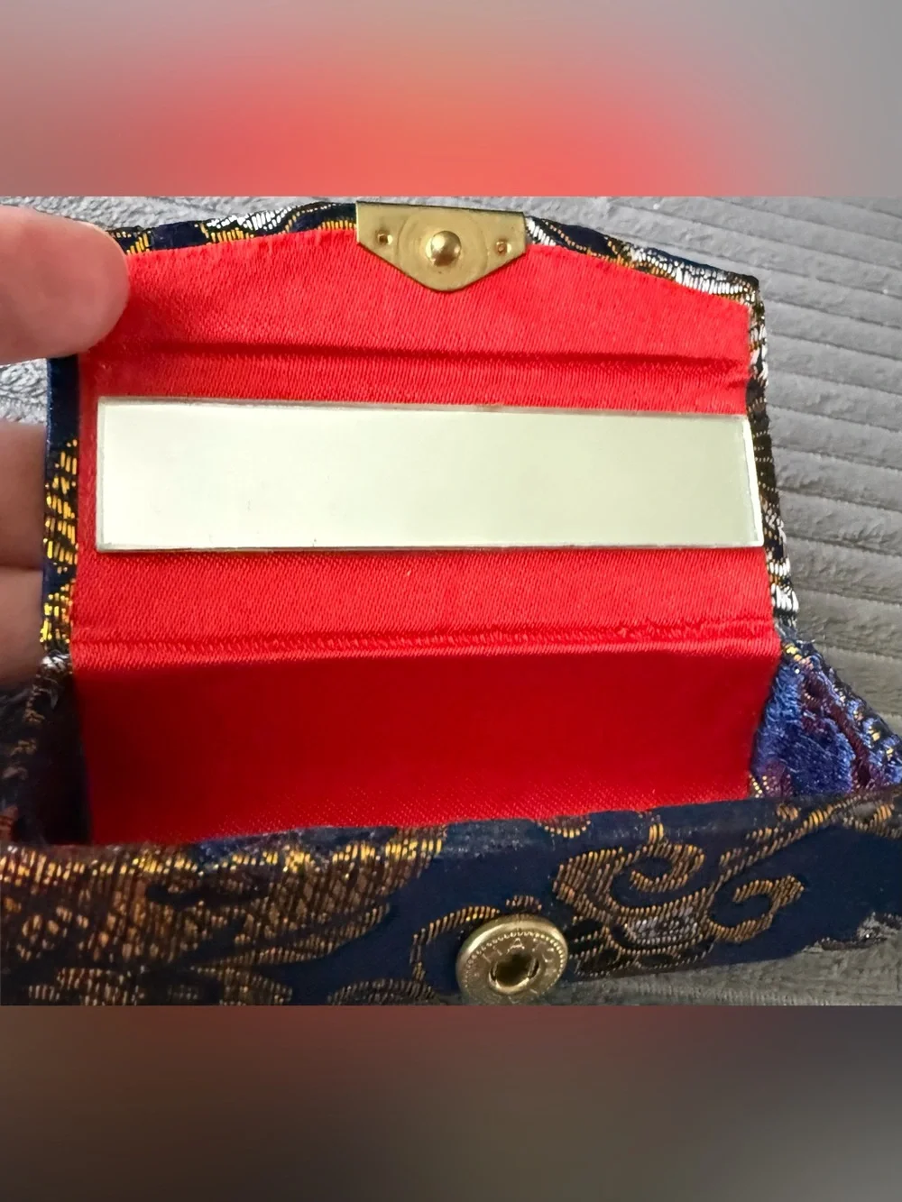 VTG HASI HATO Lipstick Case With Mirror, Blue/Gold Brocade, Red Fabric Lining